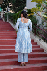 Sky Blue Cotton Mirror Embroidered Kurta with Palazzo & Organza Dupatta-P1276SKYBLUE_ON